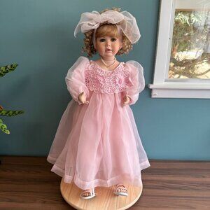 Vintage Doll German Ruby Doll Collection Porcelain Pink Dress Ribbon Curly Blond